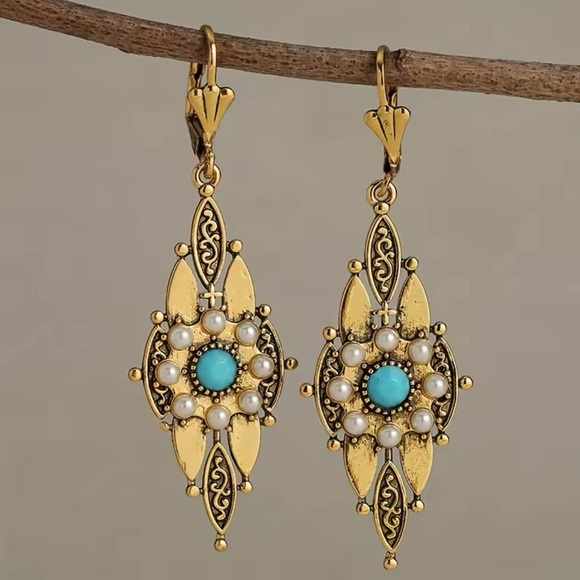 Victorian Gold Filigree Drop Earrings with Turquoise & Pearl Accents - Picture 4 of 6